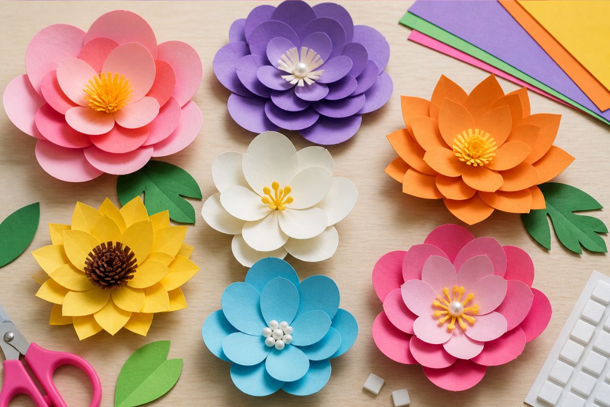 3D Blumen aus Papier basteln – mehrlagige Papierblumen mit Volumen und Schichten für Kinder Anleitung