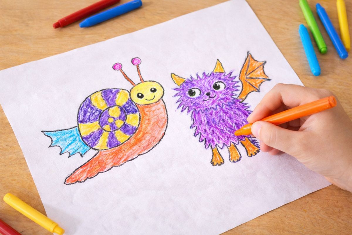 Kind malt Fantasietiere mit Buntstiften – einfache kreative Beschäftigung ohne Bildschirm für Kinder