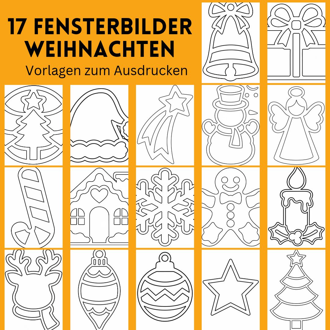 17 Fensterbilder Weihnachten – Vorlagen zum Ausdrucken mit weihnachtlichen Motiven wie Tannenbaum, Schneeflocke, Rentier, Weihnachtskugel und Winterhaus