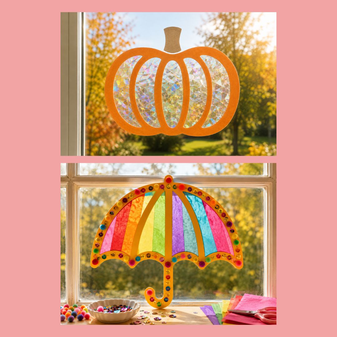 Fensterbilder Herbst basteln – Herbstblätter mit echten Blättern und buntem Transparentpapier gestalten