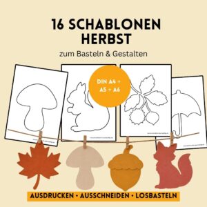 Produktvorschau mit 16 Herbst-Schablonen in DIN A4, A5 und A6 sowie ausgeschnittenen Motiven als Beispiel für eine Girlande.