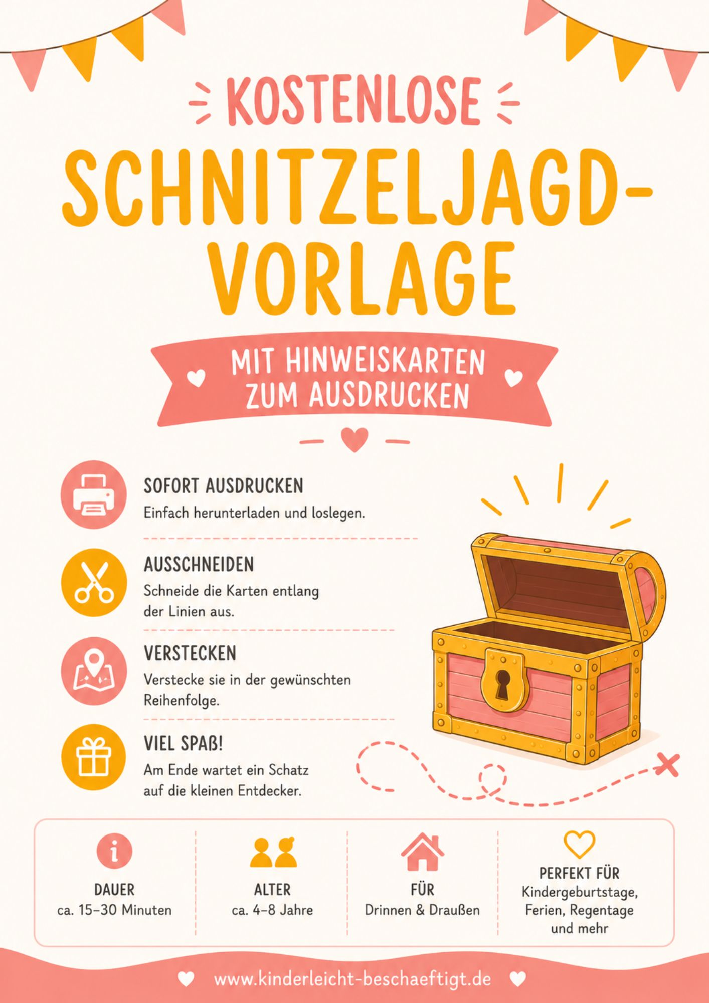 Kostenlose Schnitzeljagd Vorlage PDF mit Hinweiskarten und Urkunden zum Ausdrucken für Kinder