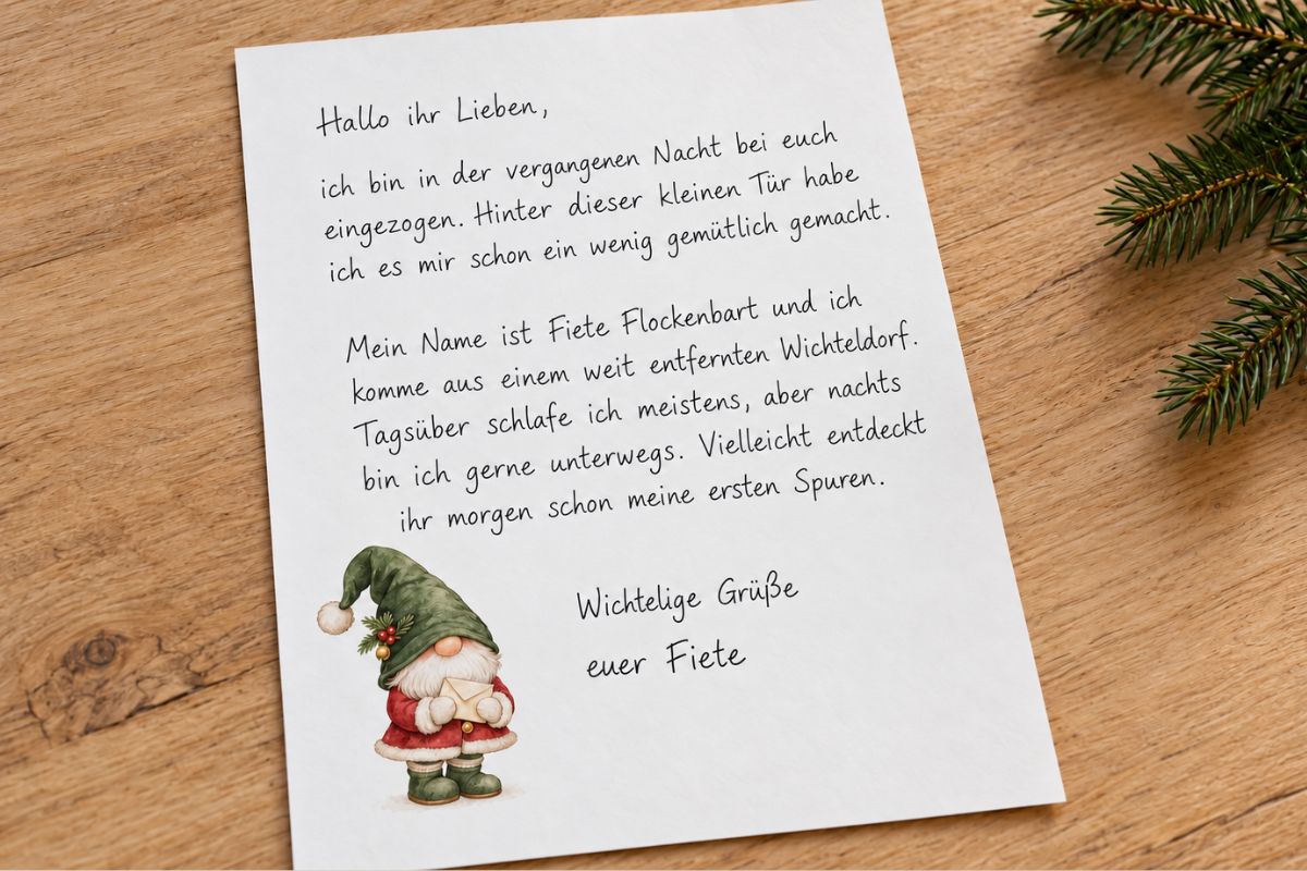 Beispiel für einen ersten Wichtelbrief auf Briefpapier in einem roten Umschlag