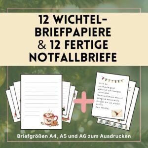 Produktcover mit 12 Wichtelbriefpapier-Motiven und 12 fertigen Notfallbriefen zum Ausdrucken.