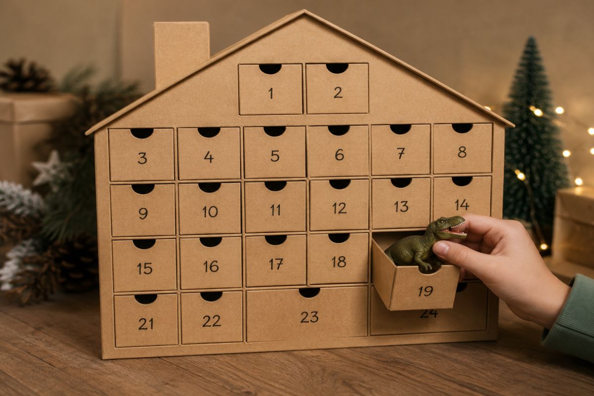Kind öffnet eine Schublade eines Adventskalender-Hauses aus Pappe mit 24 Fächern und zieht ein kleines eingepacktes Geschenk heraus.