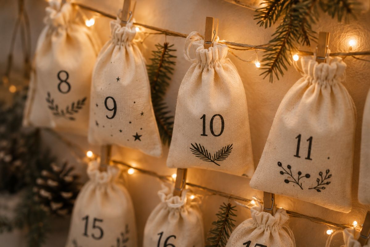 Nahaufnahme eines selbst befüllten Adventskalenders aus nummerierten Jutebeuteln an einer Lichterkette mit Tannenzweigen.
