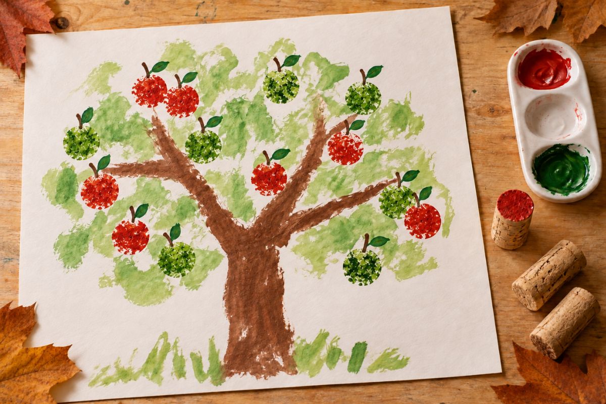 Herbst basteln mit Kindern: Roten und grünen Apfelbaum mit Korken stempeln