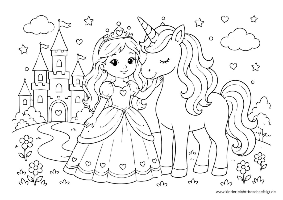 Prinzessin mit Einhorn und Schloss als Ausmalbild zum kostenlosen Ausdrucken