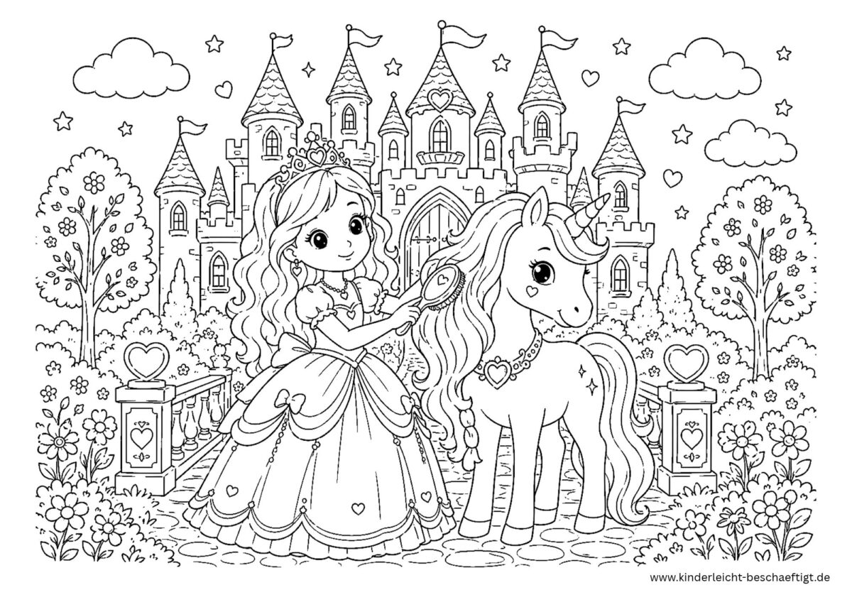Prinzessin striegelt Einhorn vor einem Schloss als detailreiches Ausmalbild