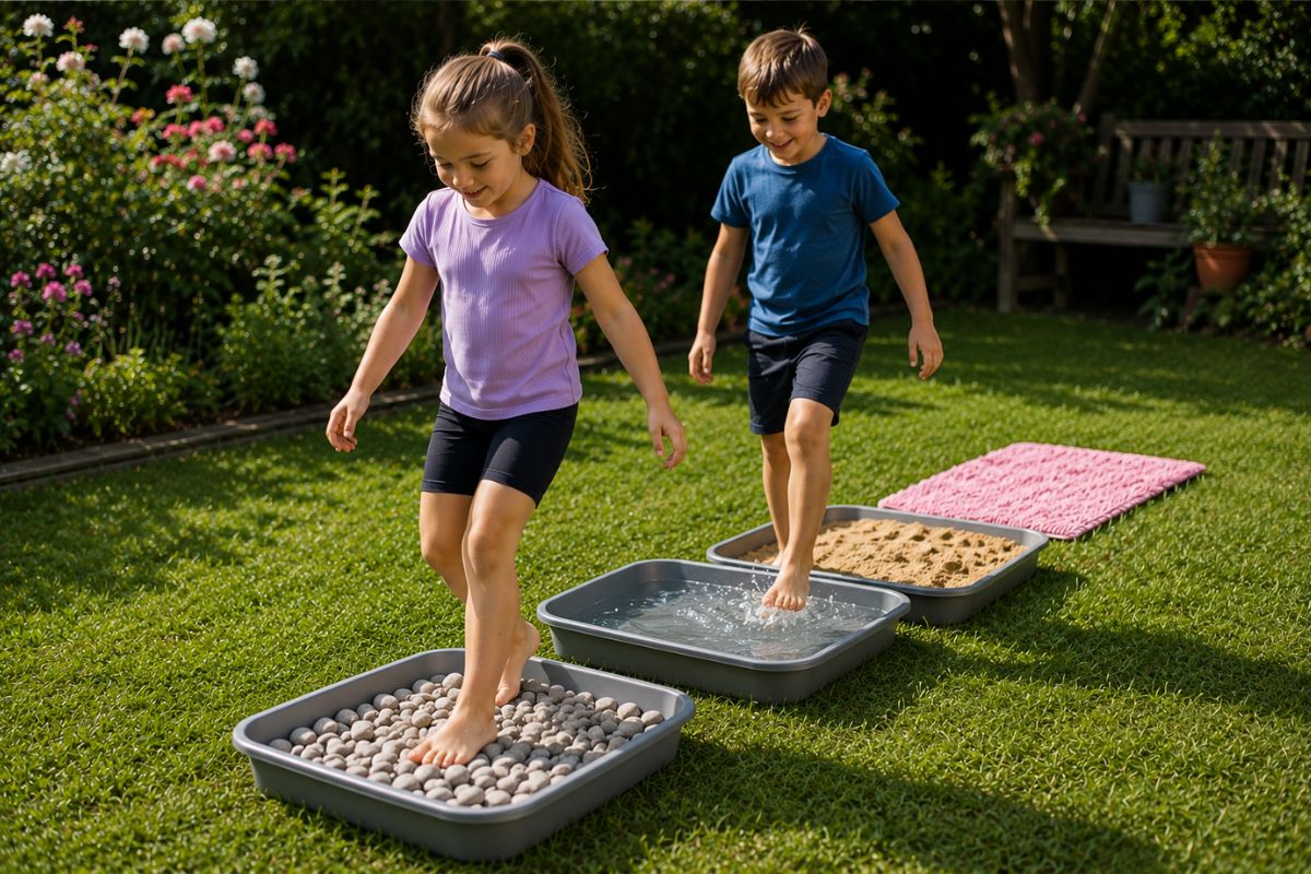 Kinder laufen barfuß über Steine, Wasser und Sand in Wannen bei einem Barfuß-Parcours im Garten