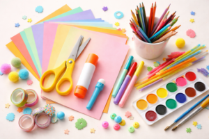 Bastelmaterial für Kinder mit Papier, Schere, Kleber und Stiften