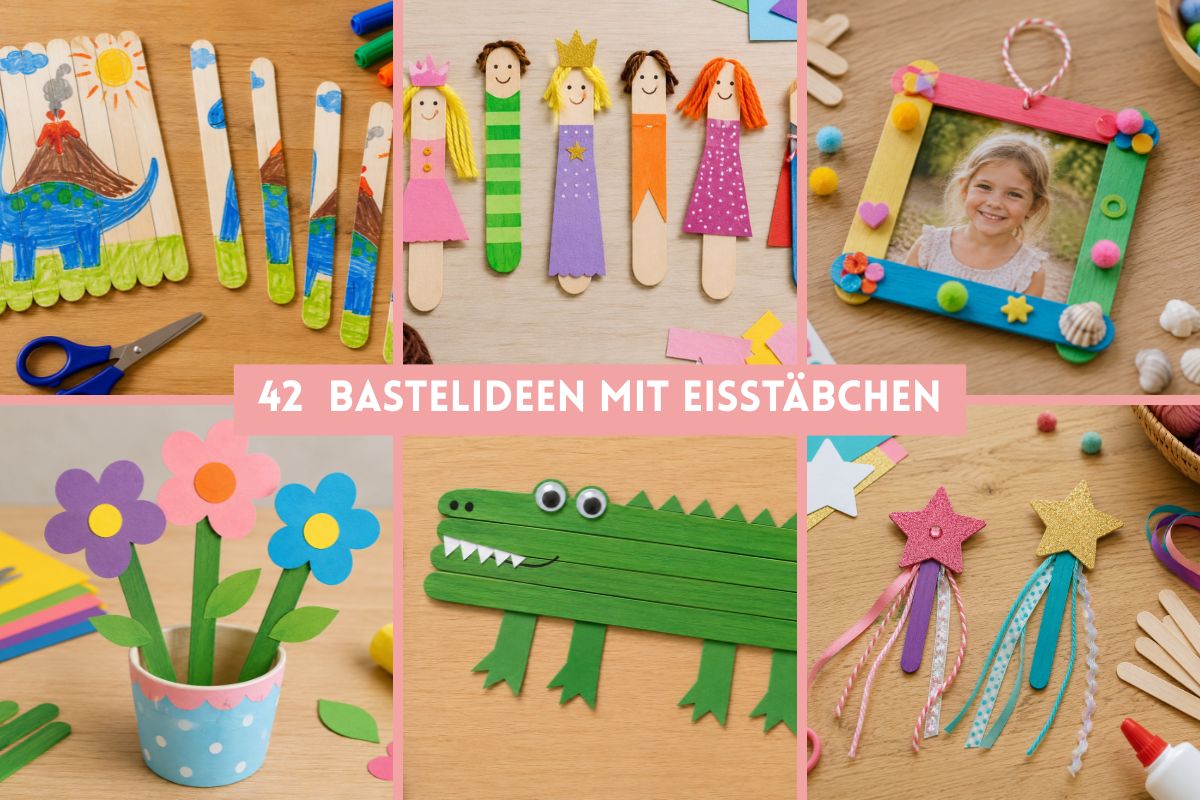 Collage mit sechs Bastelideen aus Eisstäbchen für Kinder, darunter Blumen, Krokodil, Bilderrahmen, Puzzle, Zauberstäbe und Figuren.
