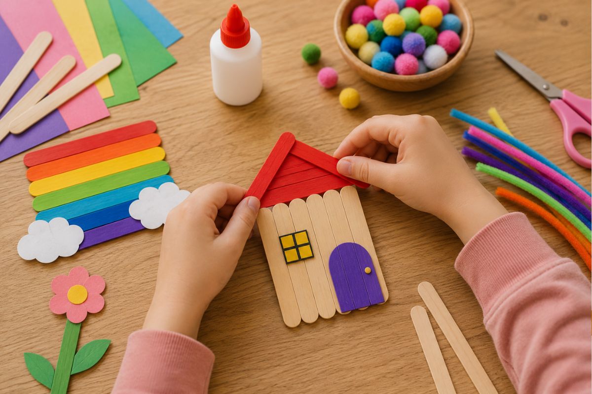 Kinderhände basteln ein kleines Häuschen aus Eisstielen. Auf dem Basteltisch liegen Holzstäbchen, Tonpapier, Pfeifenreiniger, Pompons und weitere Bastelmaterialien.