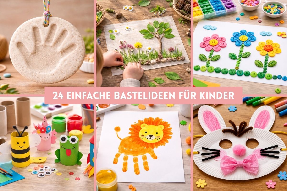 Collage mit einfachen Bastelideen für Kinder: Knopfbilder, Handabdruck-Löwe, Hasenmaske, Naturbild, Figuren aus Klopapierrollen und Salzteig-Handabdruck.