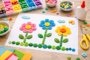 Knoepfe basteln mit Kindern – einfache Bastelidee mit bunten Knöpfen ohne Überlappung