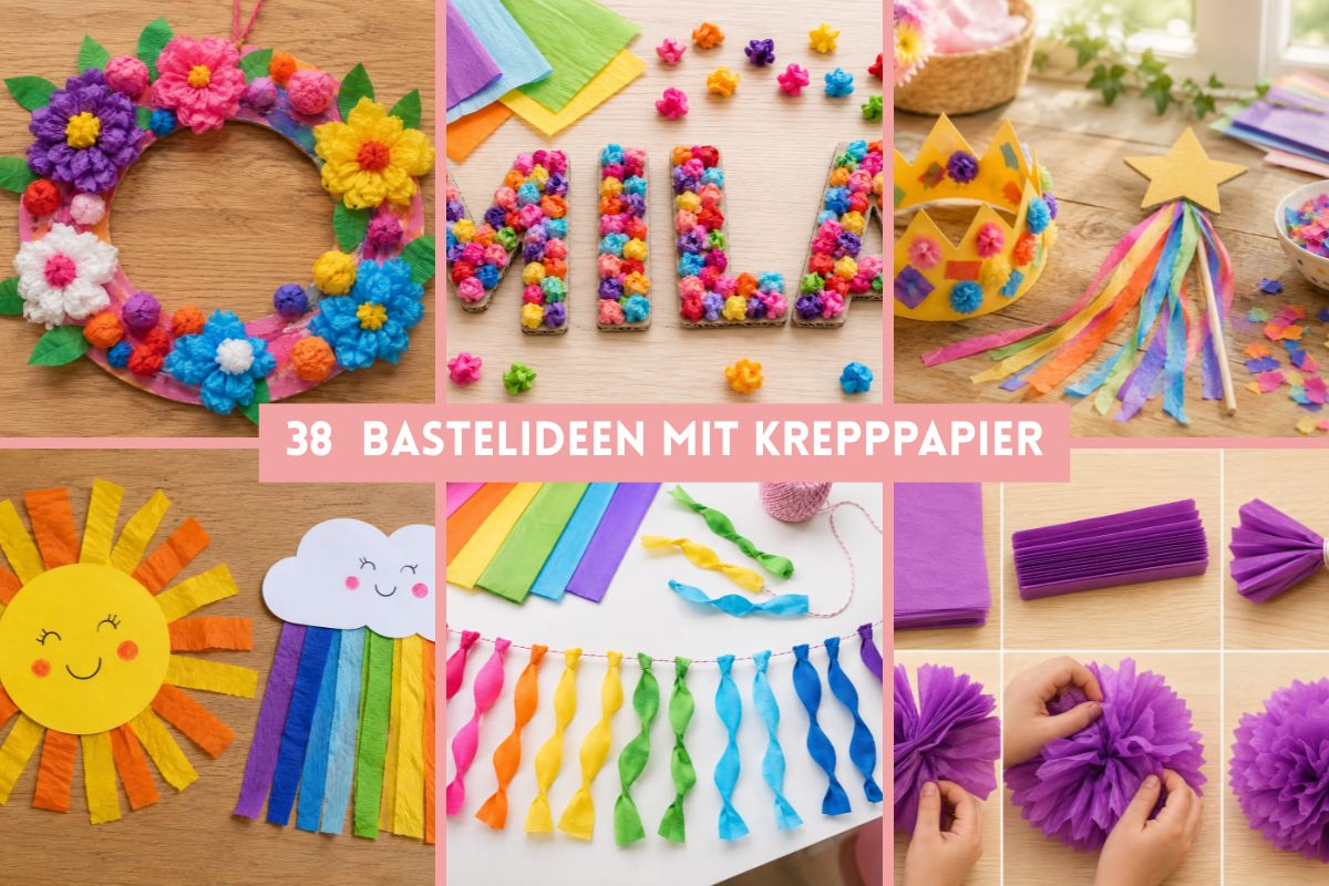 Basteln mit Krepppapier: Collage mit verschiedenen Bastelideen für Kinder wie Blumenkranz, Namensschild, Sonne, Regenbogen, Girlande, Zauberstab und Pompons.