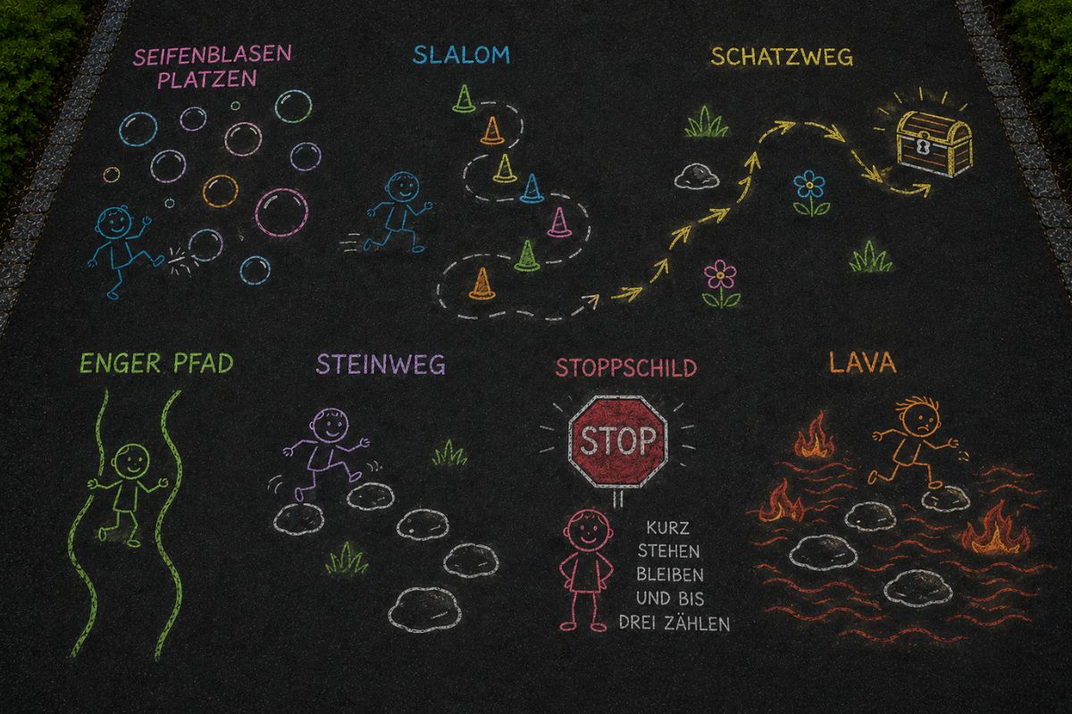 Bewegungsparcours für Kinder mit Straßenmalkreide: Seifenblasen platzen, Slalom, Schatzweg, enger Pfad, Steinweg, Stoppschild und Lava als kreative Bewegungsstationen.
