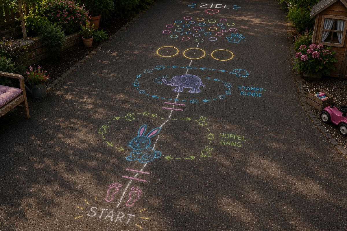 Bewegungsparcours für Kinder mit Straßenmalkreide: Beispielparcours auf Asphalt mit Hoppelgang, Elefanten-Stampfrunde, Sprungstationen, Seifenblasen und Ziel.