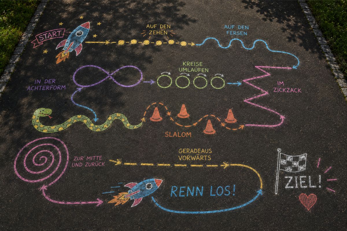 Bewegungsparcours für Kinder mit Straßenmalkreide auf Asphalt mit Linien, Slalom, Spirale, Rakete, Schlange und Ziel für Garten, Hof oder Spielplatz.