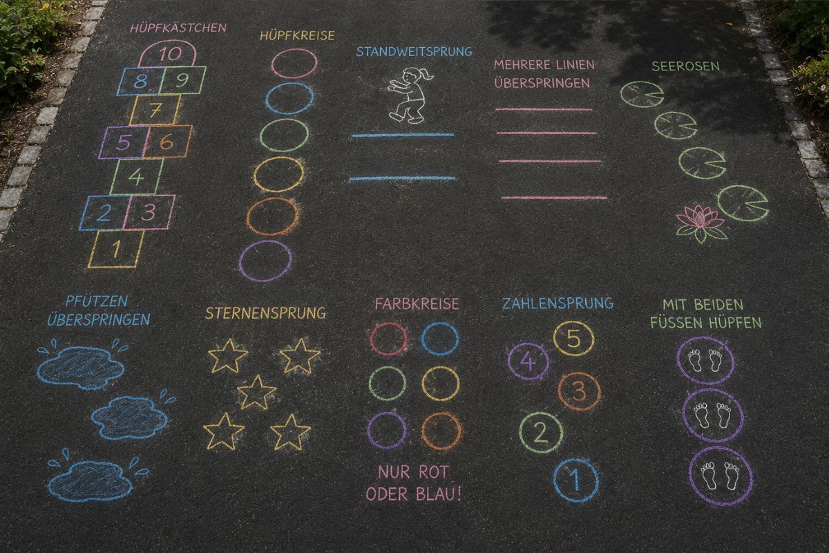 Bewegungsparcours für Kinder mit Straßenmalkreide: Hüpfkästchen, Seerosen, Sternensprung, Zahlensprung und weitere Hüpfspiele für Garten, Hof oder Spielplatz.