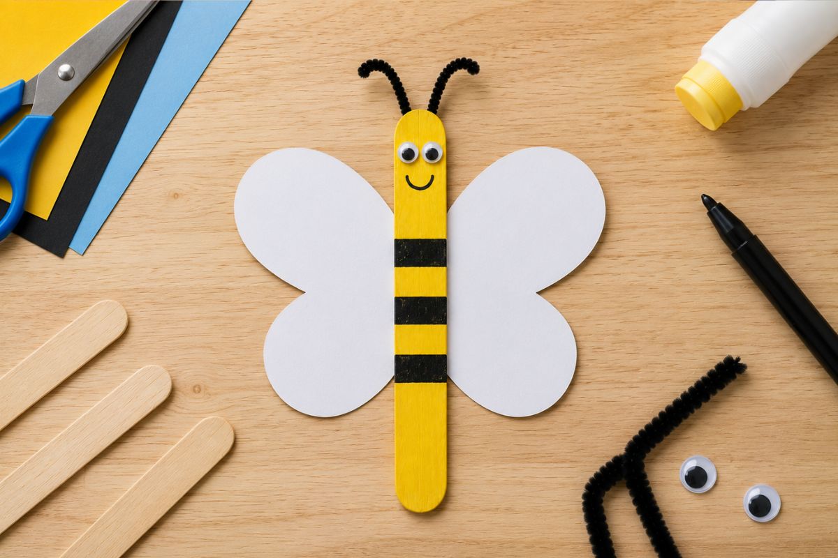 Selbst gebastelte Biene aus einem bemalten Holzstäbchen mit großen Papierflügeln und Pfeifenreiniger-Fühlern als einfache Bastelidee für Kinder.