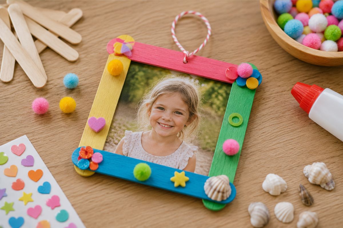 Bunter Bilderrahmen aus Eisstielen mit Pompons, Aufklebern und Muscheln als einfache Bastelidee für Kinder.