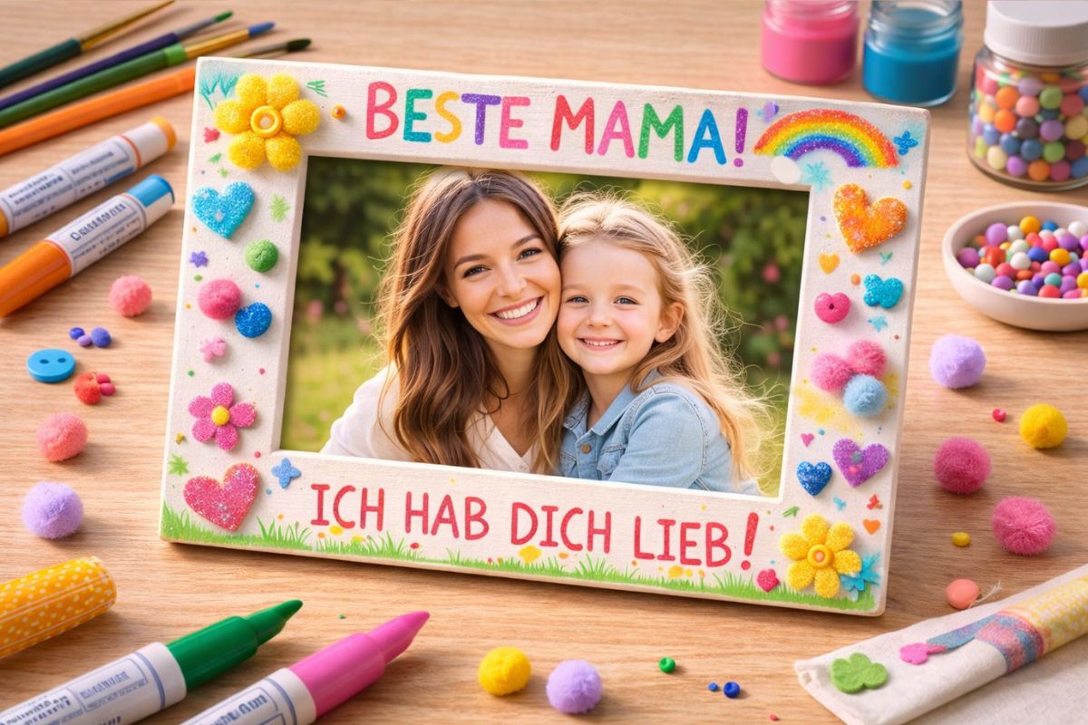 Selbst gestalteter Bilderrahmen aus Holz mit wackeliger Schrift BESTE MAMA, bemalt mit Acrylfarben und verziert mit Pompons und Herzen