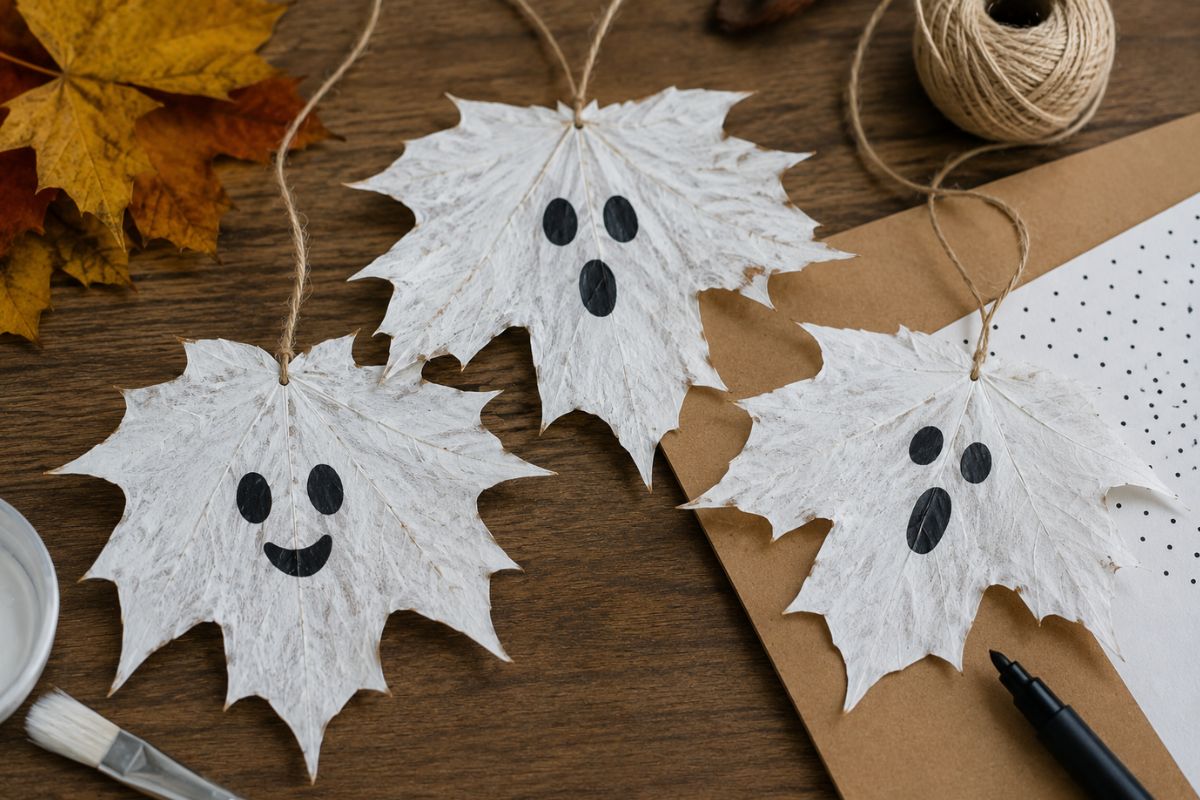Weiß bemalte Herbstblätter mit aufgemalten Gesichtern als Gespenster zum Aufhängen – einfache Halloween-Bastelidee für Kinder.