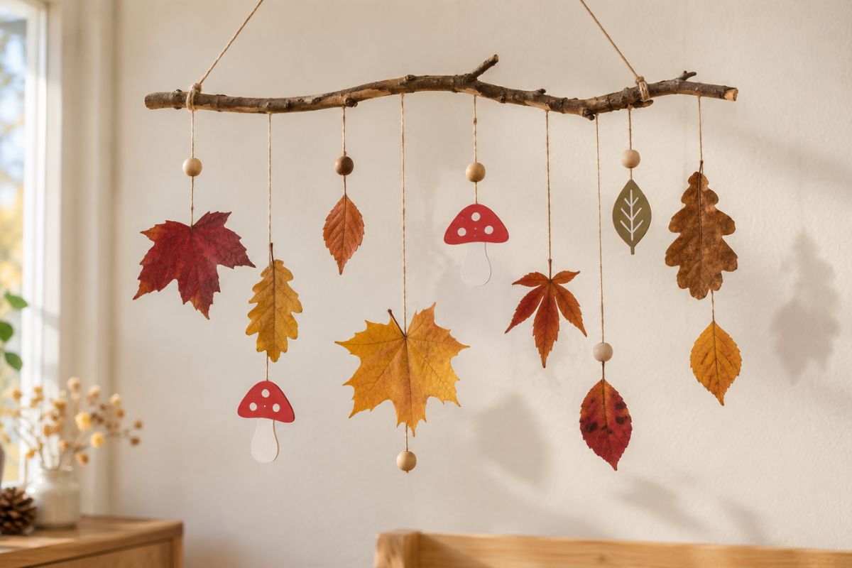 Herbst basteln mit Kindern: Mobile aus gepressten Blättern, Papierpilzen und Holzperlen