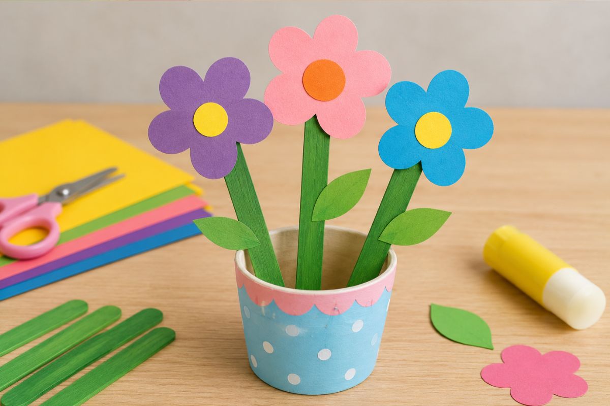 Selbst gebastelte Blumen aus grün bemalten Eisstielen mit bunten Papierblüten in einem verzierten Becher als einfache Bastelidee für Kinder.