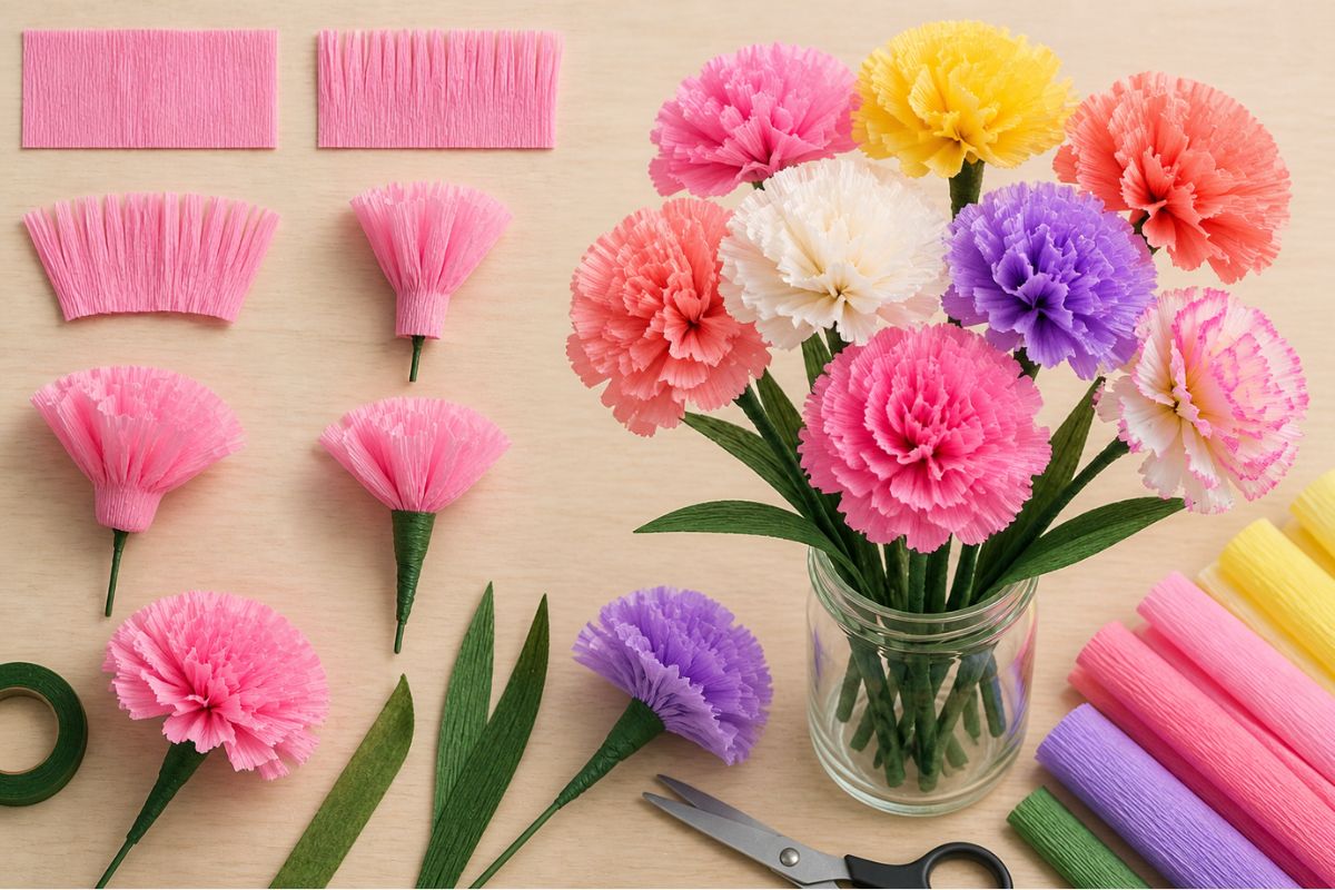 Blumen aus Krepppapier basteln Schritt für Schritt Anleitung – bunte Papierblumen mit Volumen und verschiedenen Farben im Überblick