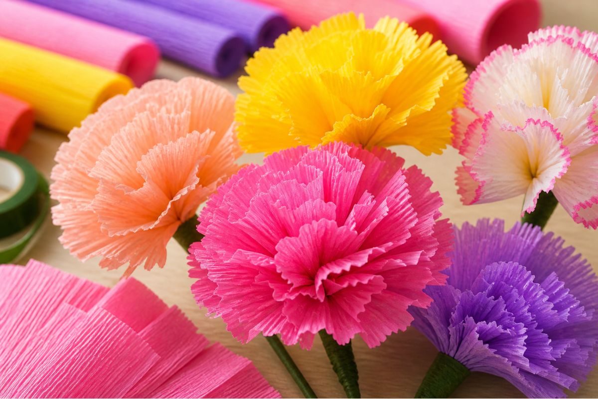 Detailaufnahme von Blumen aus Krepppapier – feine Papierstruktur und realistische Blütenblätter beim Basteln