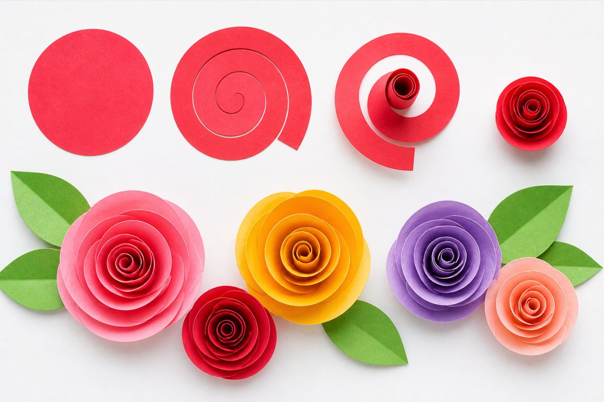 Papierblumen rollen Anleitung – Schritt für Schritt Rosen aus Papier basteln mit Spirale und fertigen Blüten