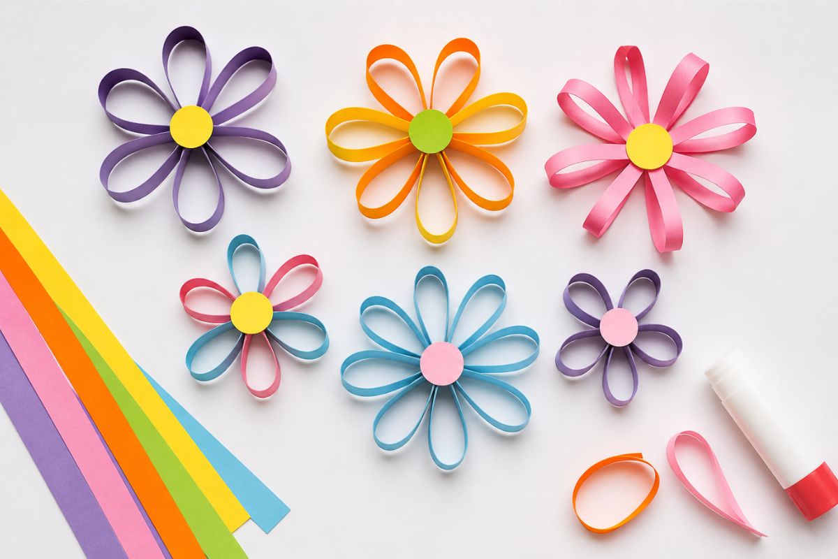 Blumen aus Papierstreifen basteln – einfache Papierblumen mit Schlaufen für Kinder Schritt für Schritt