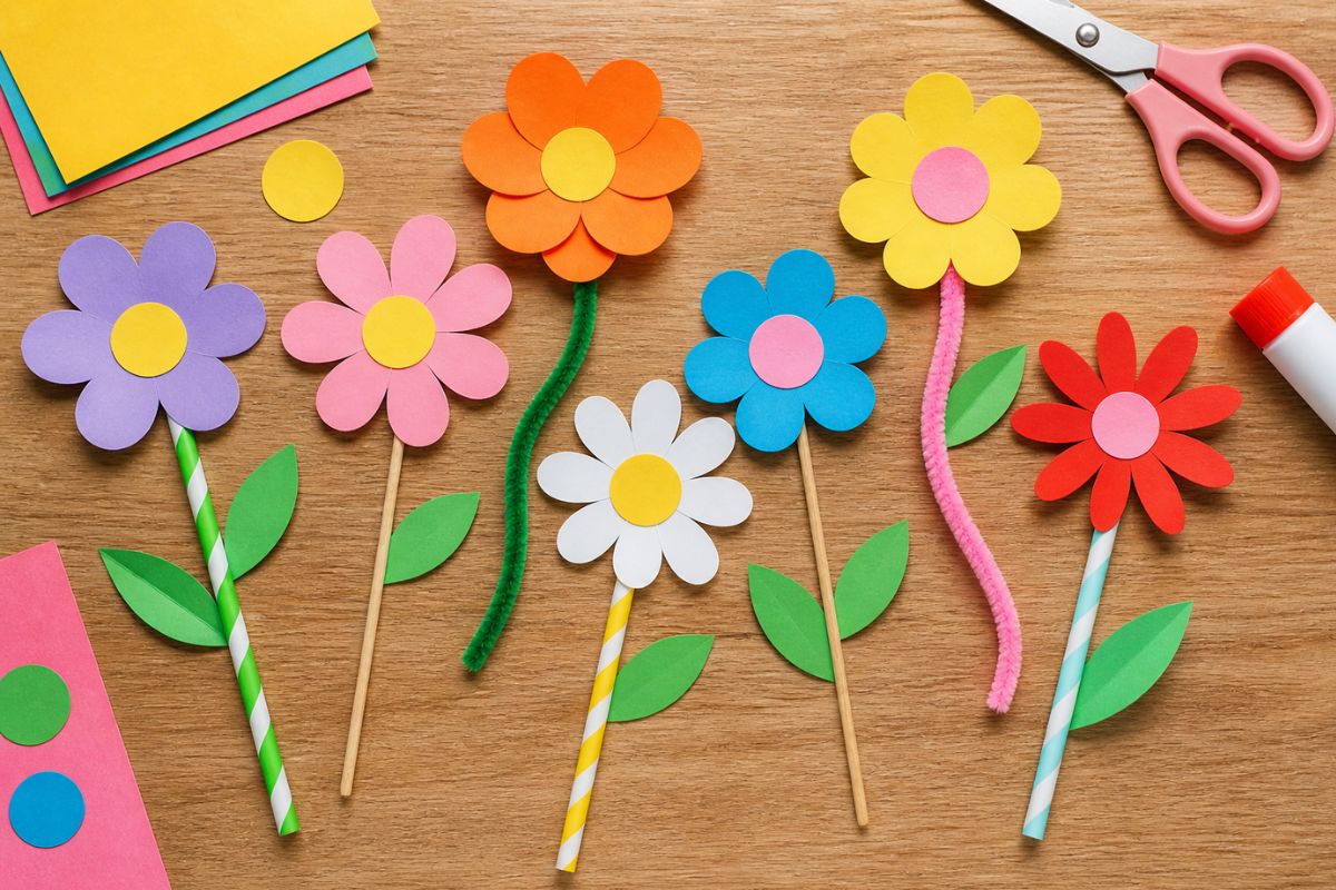 Einfache Blumen aus Papier basteln für Kinder – bunte Papierblumen mit Strohhalm, Holzstab und Pfeifenputzer als Stiel