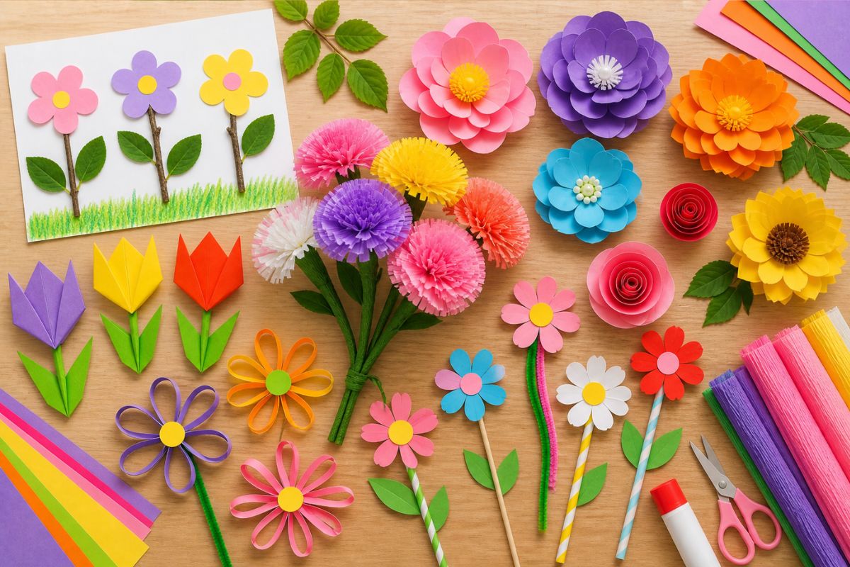 Blumen basteln mit Papier – verschiedene einfache Bastelideen für Kinder mit Papierblumen aus Krepppapier, Tonpapier und Origami