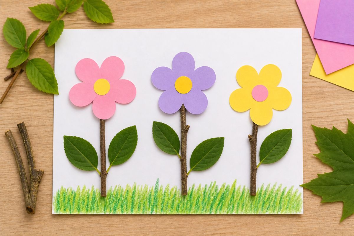 Blumen basteln mit Papier – einfache Papierblumen mit Zweigen und echten Blättern für Kinder