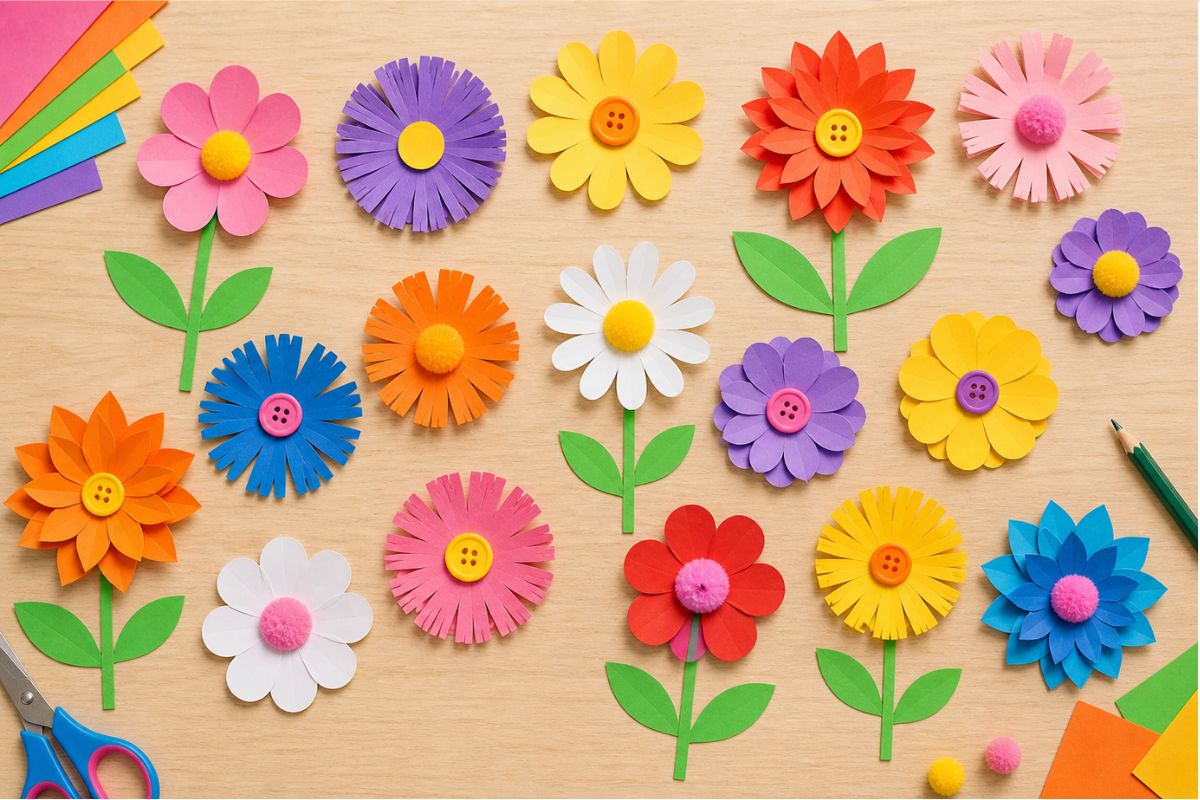 Klassische Blumen aus Tonpapier basteln für Kinder – verschiedene Papierblumen mit eingeschnittenen Blütenblättern und ohne Stiel im Überblick