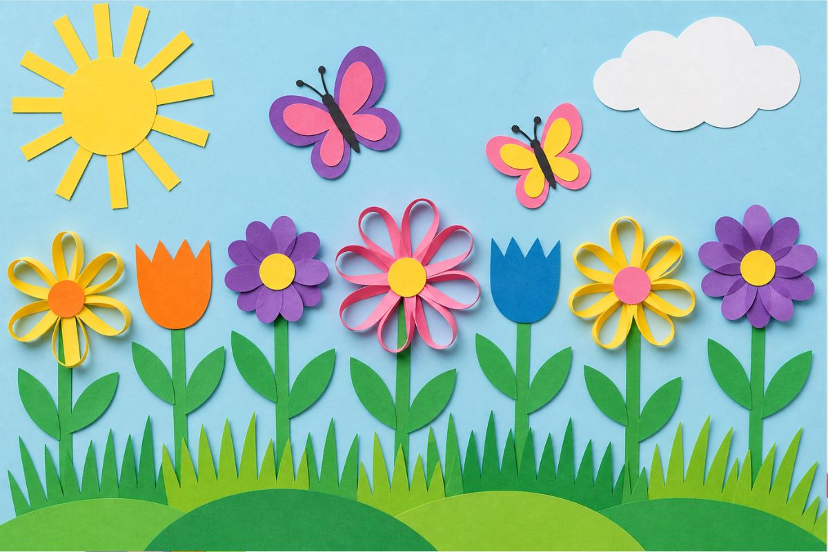 Blumen Collage basteln mit Kindern – buntes Frühlingsbild aus Papier mit Blumen, Sonne und Schmetterlingen