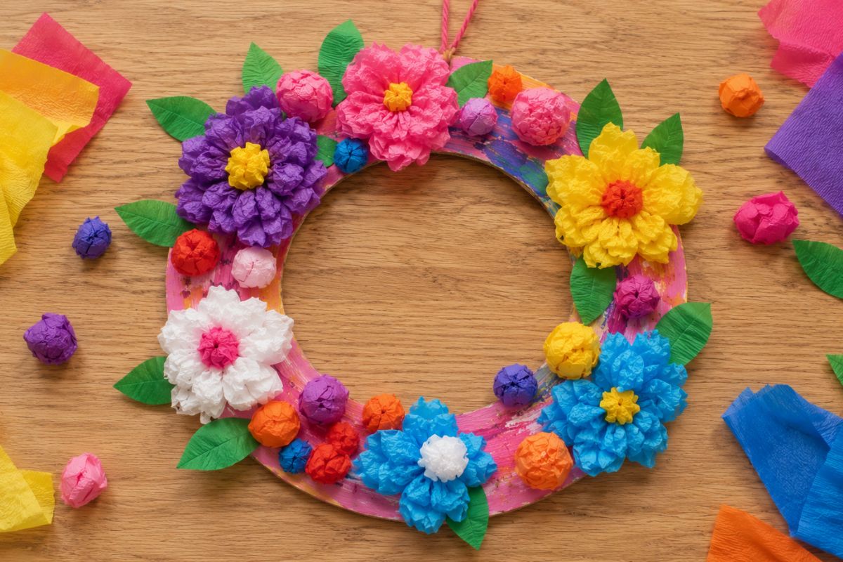 Blumenkranz basteln mit Krepppapier: Von einem Kind gestalteter bunter Blumenkranz aus bemaltem Pappring mit Kreppblumen, geknüllten Krepppapierkugeln und grünen Papierblättern