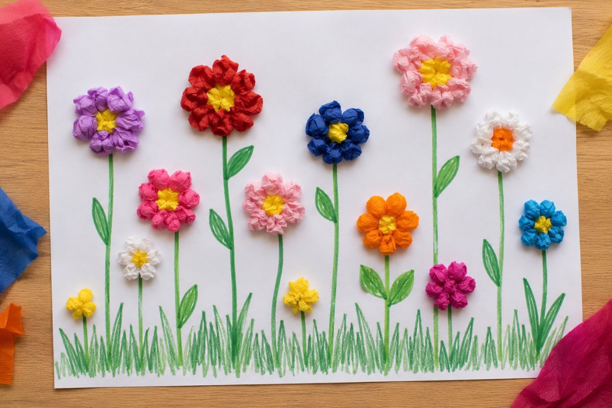 Blumenwiese basteln mit Krepppapier: Von einem Kind gestaltete Frühlingswiese mit gezeichneten Blumenstielen und bunt geknüllten Krepppapierblüten auf weißem Papier