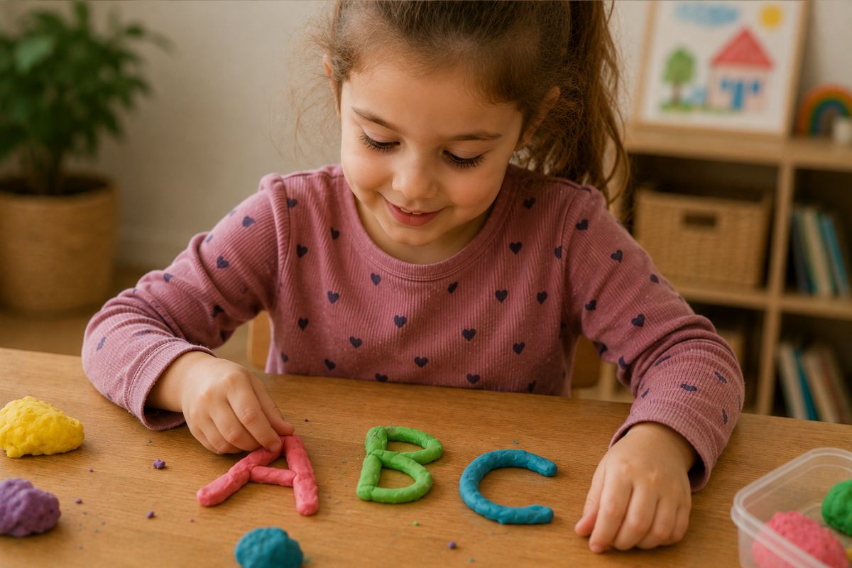 Vorschulkind formt bunte Buchstaben aus Knete und fördert spielerisch Feinmotorik und Buchstabenverständnis
