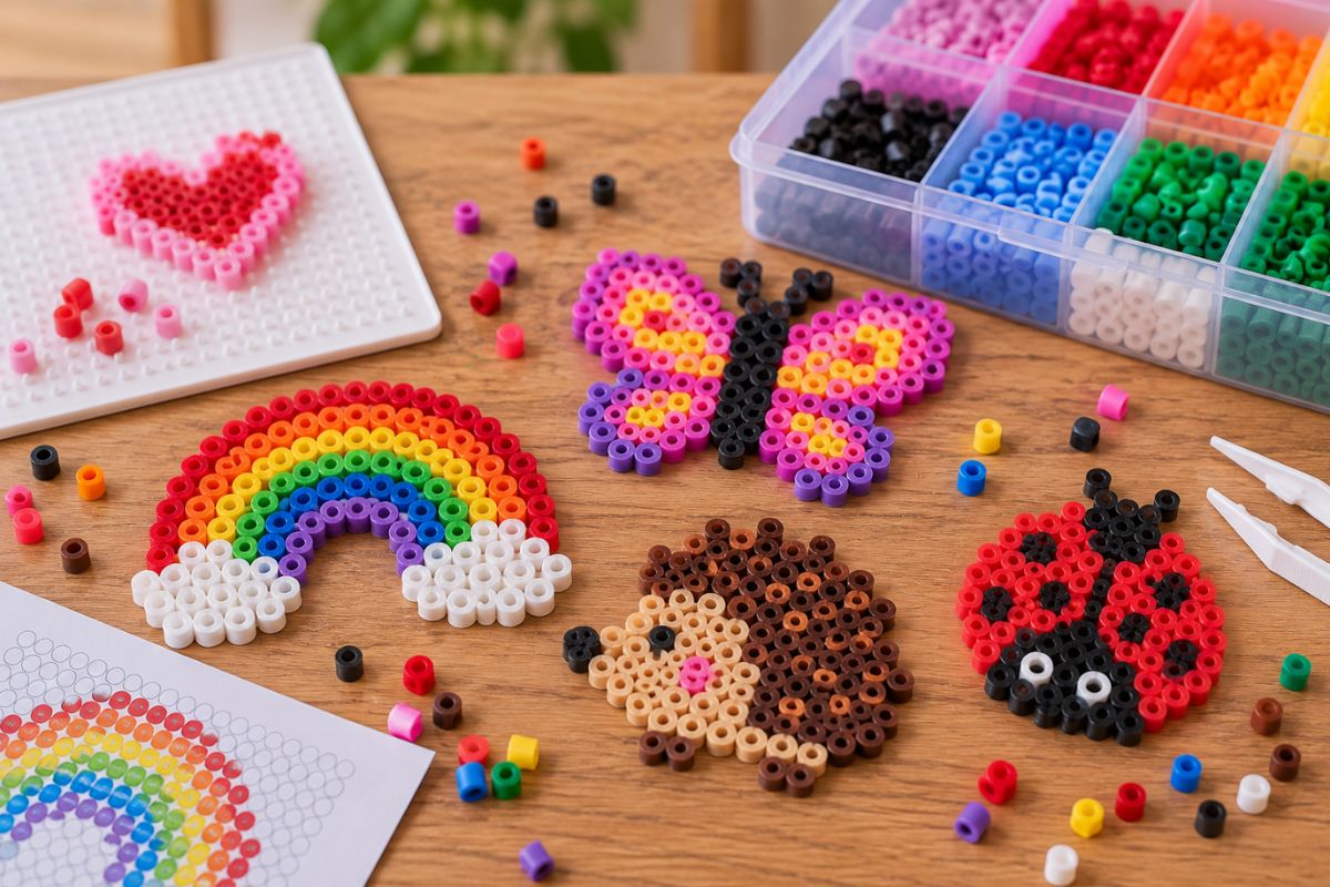 Bügelperlen-Bilder für Kinder mit einfachen Motiven wie Regenbogen, Schmetterling und Marienkäfer