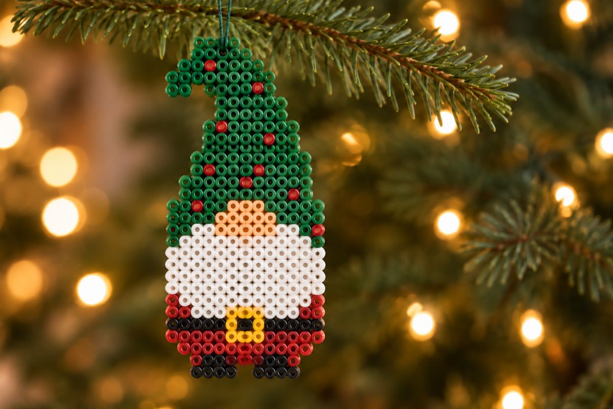 Wichtel aus Bügelperlen hängt als Weihnachtsanhänger an einem Tannenzweig