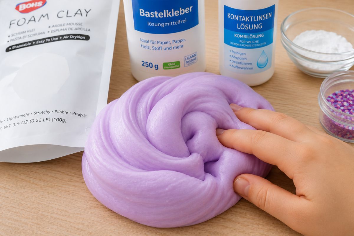 Butter Slime selber machen: Zutaten wie Bastelkleber, Natron, Kontaktlinsenlösung und Foam Clay sowie fertig gekneteter lila Butter Slime in einer Schüssel.