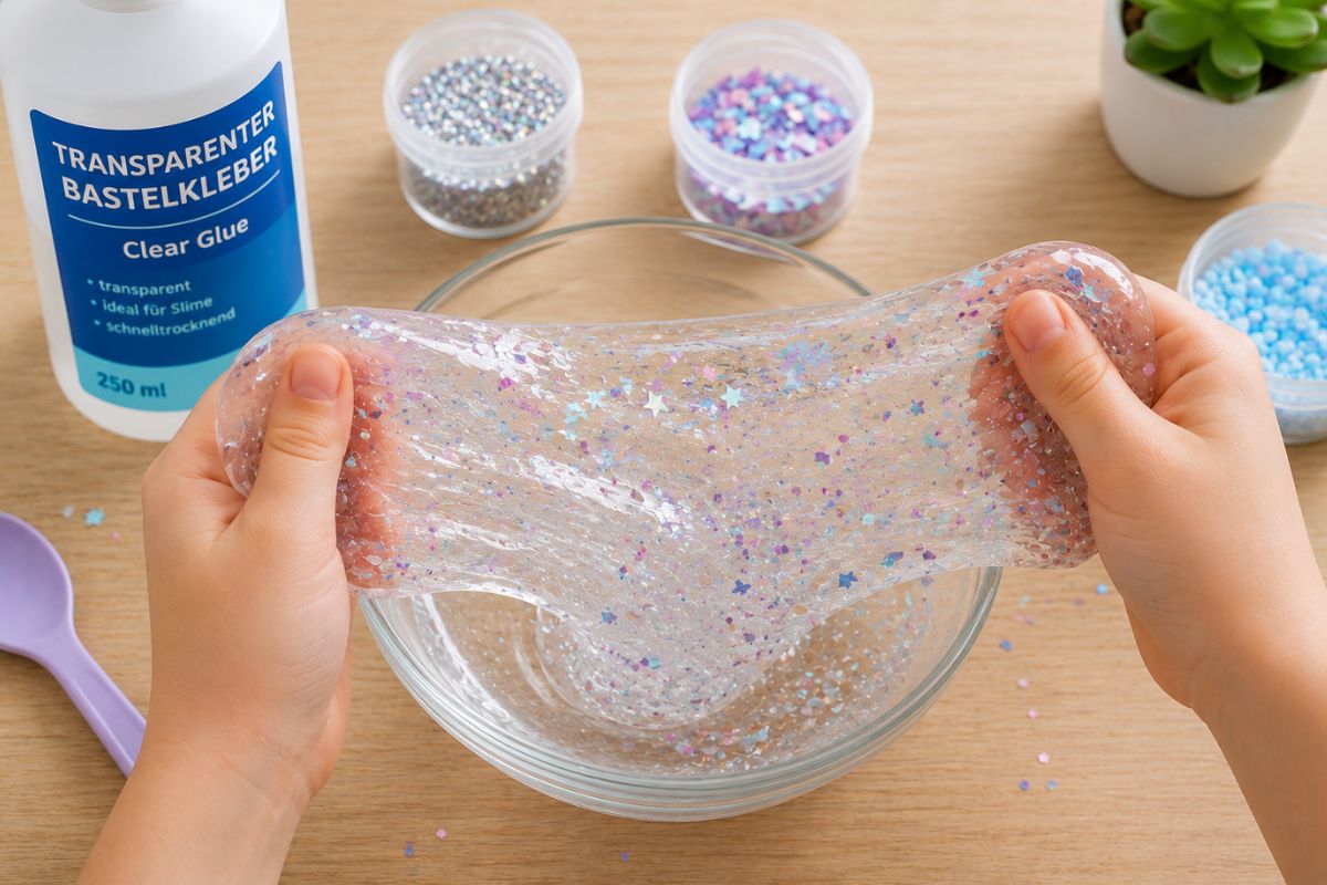 Clear Slime selber machen mit transparentem Bastelkleber, Glitzer und kleinen Sternchen – ein Kind zieht den durchsichtigen Schleim auseinander.