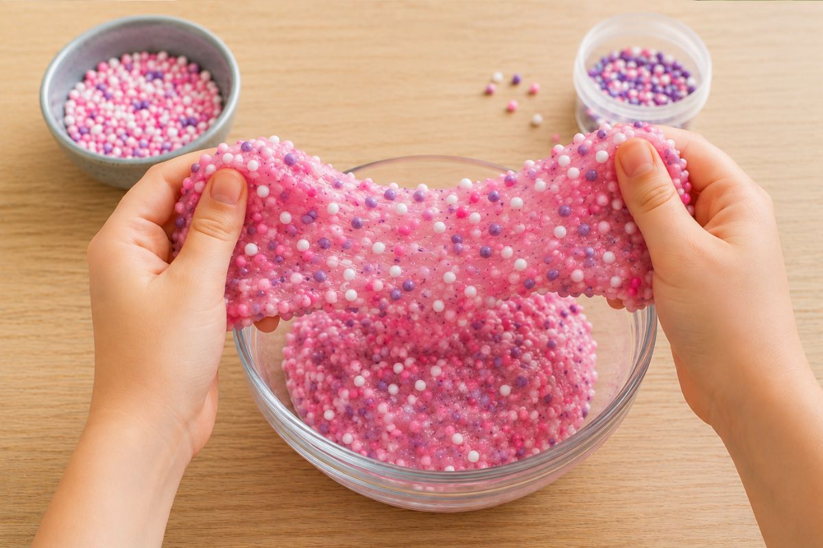 Kinderhände ziehen selbstgemachten Crunchy Slime mit bunten Schaumstoffkügelchen auseinander.