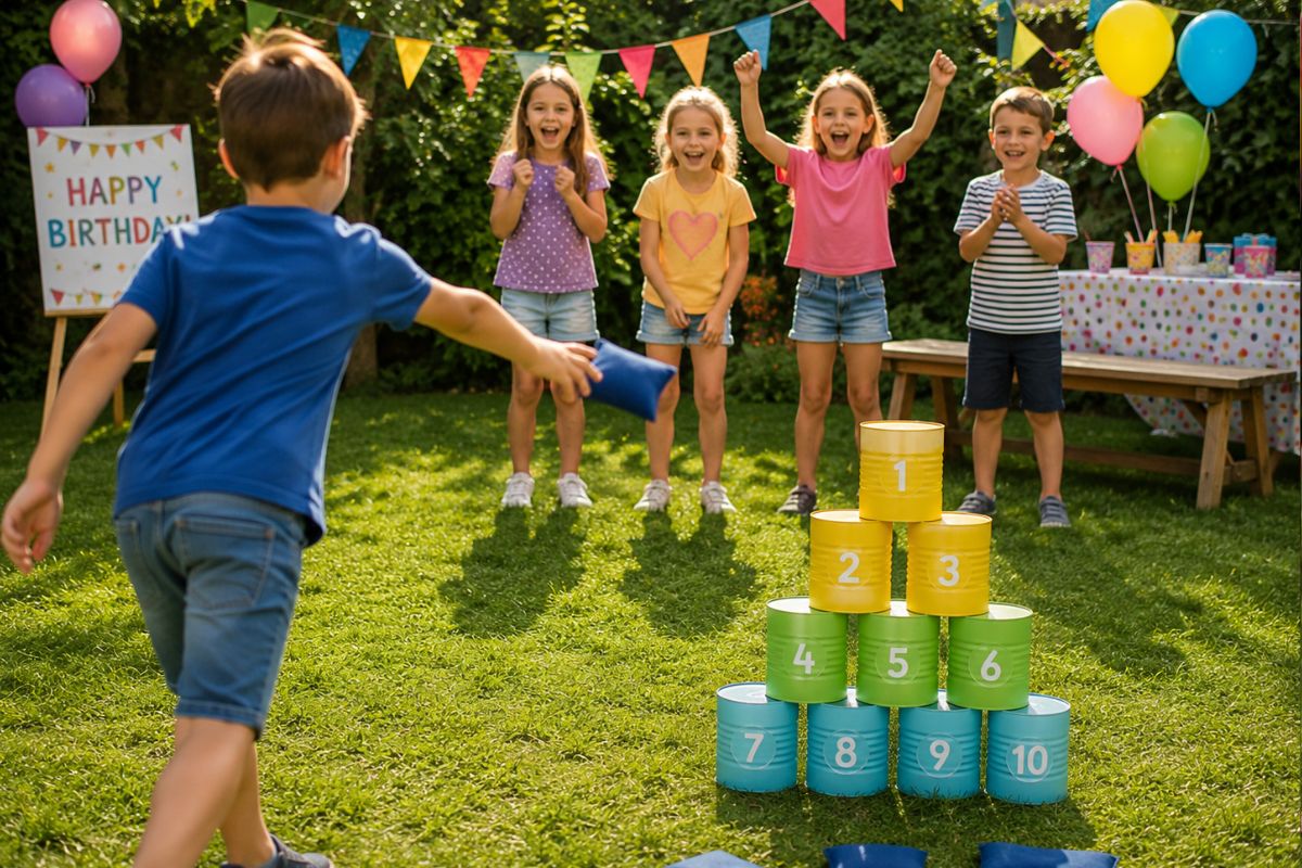 Kinder spielen Dosenwerfen draußen im Garten bei einem Kindergeburtstag mit bunten Dosen und Säckchen.