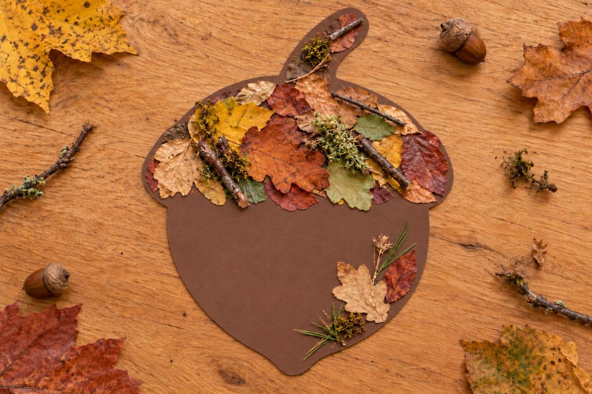 Eichel aus einem Stück Tonpapier, mit Herbstblättern, Zweigen und Moos beklebt – eine Bastelidee mit Naturmaterialien für Kinder.