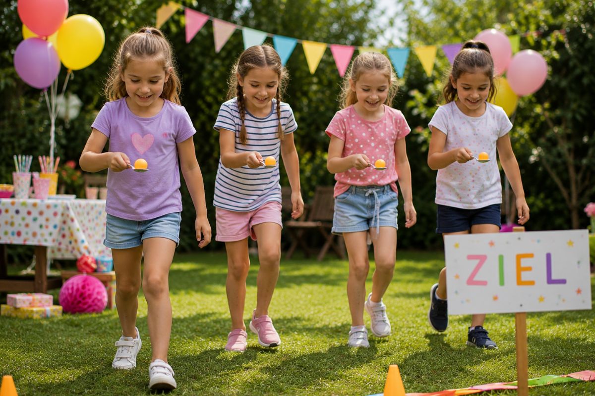 Vier Mädchen spielen Eierlauf ohne Ei mit Tischtennisbällen auf einem Kindergeburtstag im Garten
